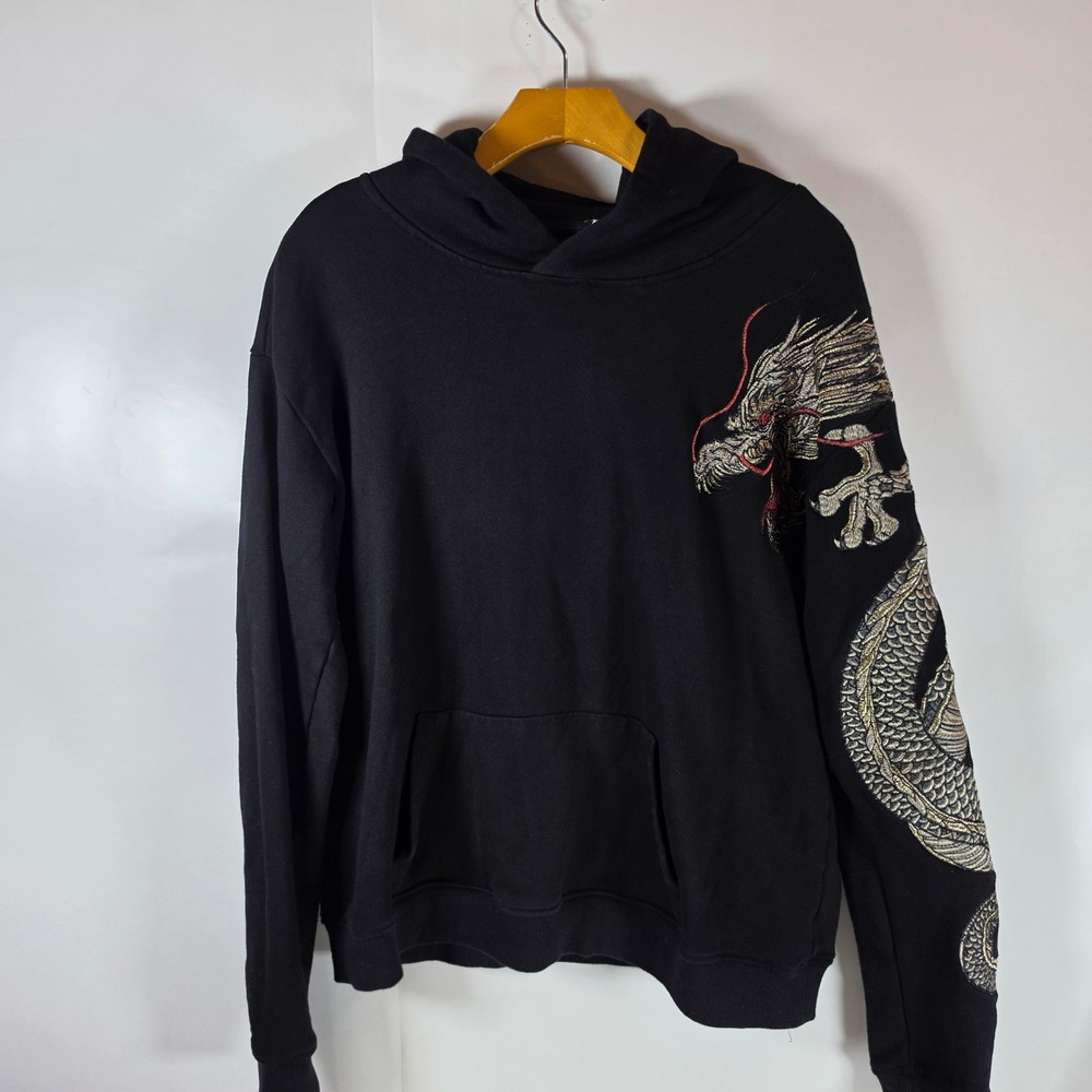 Black Pullover Hoodie Chinese Dragon Embroidered Sleeve Streetwear Mens XXL